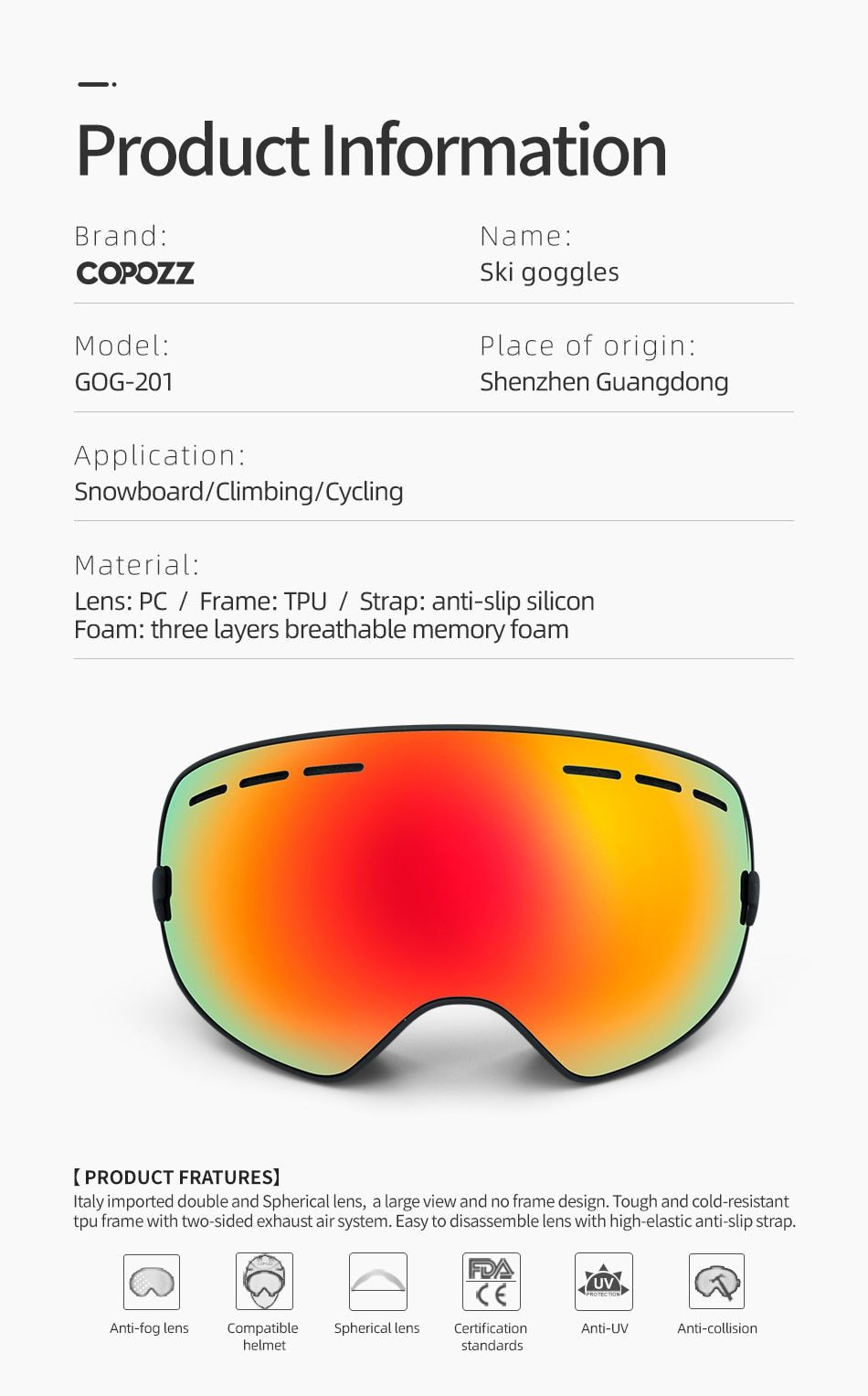 COPOZZ Anti Fog Snowboard Ski Goggles Mask image 6