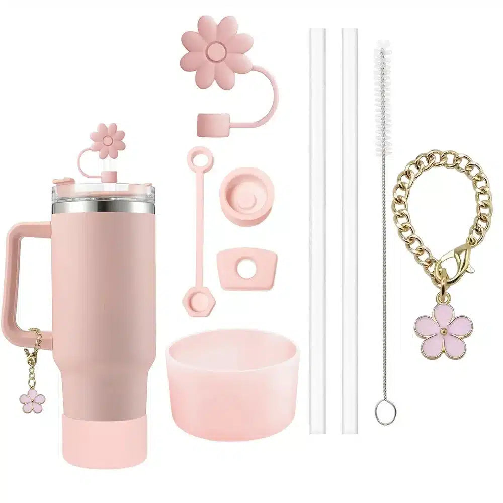 9-Piece Stanley Cup Accessories Set: Spill-Proof Stoppers, Straw Covers, & Flower Charm - pink image
