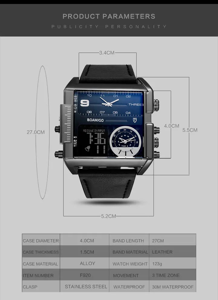 BOAMIGO brand Men sports watches 3 time zone LED Leather quartz wristwatches image 25