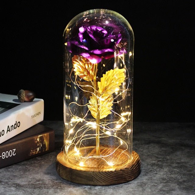 6-Colour "Beauty And The Beast" Red Rose In A Glass Dome On A Wooden Base For Valentine's Gifts - brown base purple image