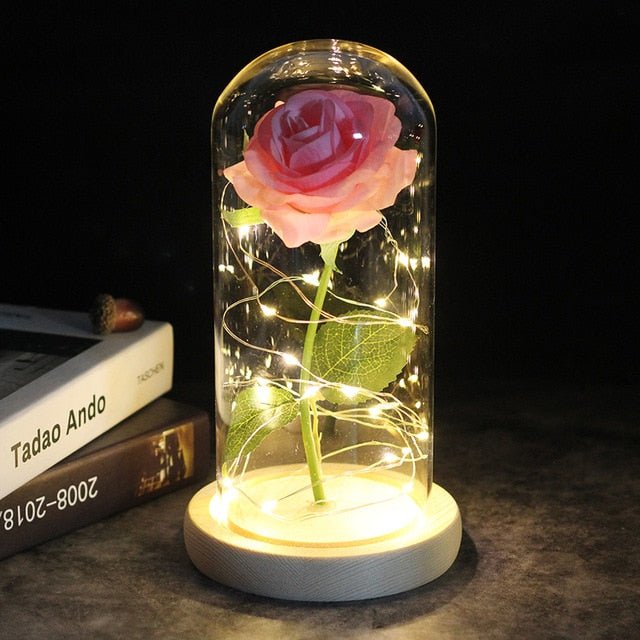 6-Colour "Beauty And The Beast" Red Rose In A Glass Dome On A Wooden Base For Valentine's Gifts - pink image