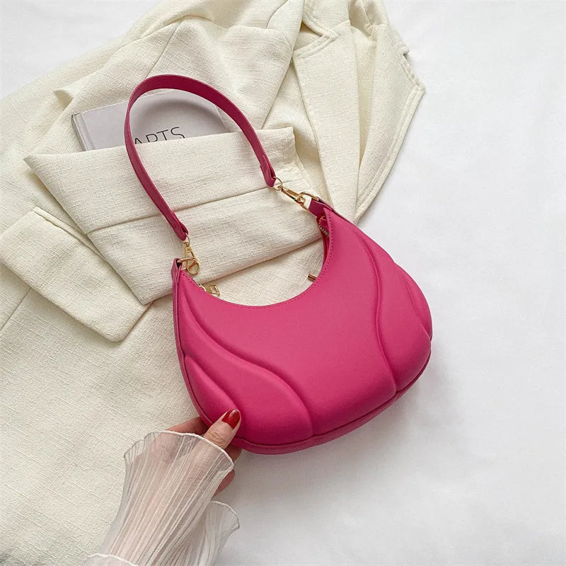 Retro Solid Color Shoulder Bag PU Leather Handbags for Women Simple Ladies Underarm Bag Designer Hobos Saddle Crescent Chic Bag - Rose Red image