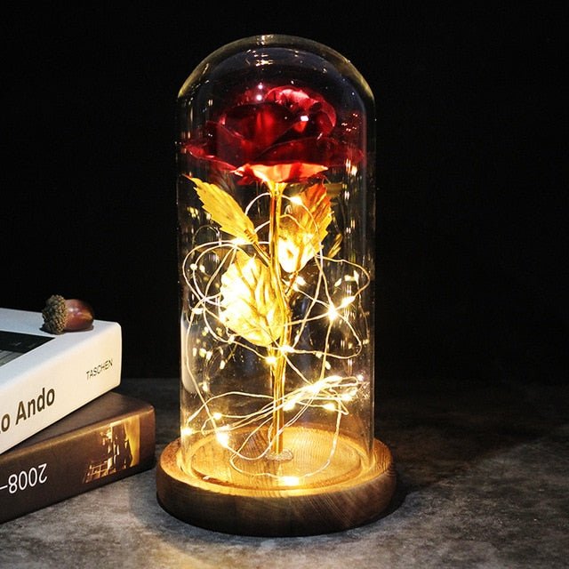 6-Colour "Beauty And The Beast" Red Rose In A Glass Dome On A Wooden Base For Valentine's Gifts - brown base red image