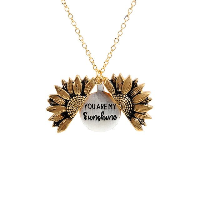Bohemia Sunflower Double-layer Metal Pendant Necklace For Women With Letterings like "You are my Sunshine" - Gold and silver image