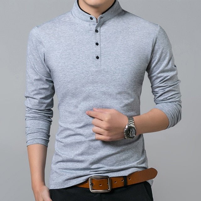 Liseaven Men Full Sleeve Cotton Mandarin Collar T Shirt - Gray, L image