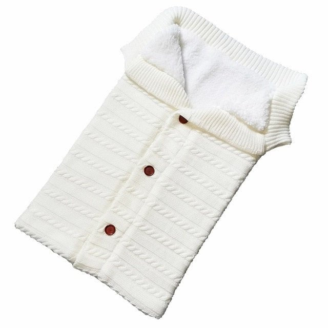 Newborn Baby Winter Warm Sleeping Bag ‚Äì Infant Button Knit Swaddle Wrap & Toddler Blanket Stroller Wrap - White image