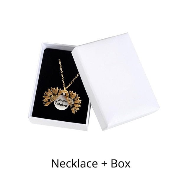 Bohemia Sunflower Double-layer Metal Pendant Necklace For Women With Letterings like "You are my Sunshine" - Gold and Box image