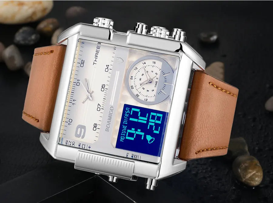 BOAMIGO brand Men sports watches 3 time zone LED Leather quartz wristwatches image 0