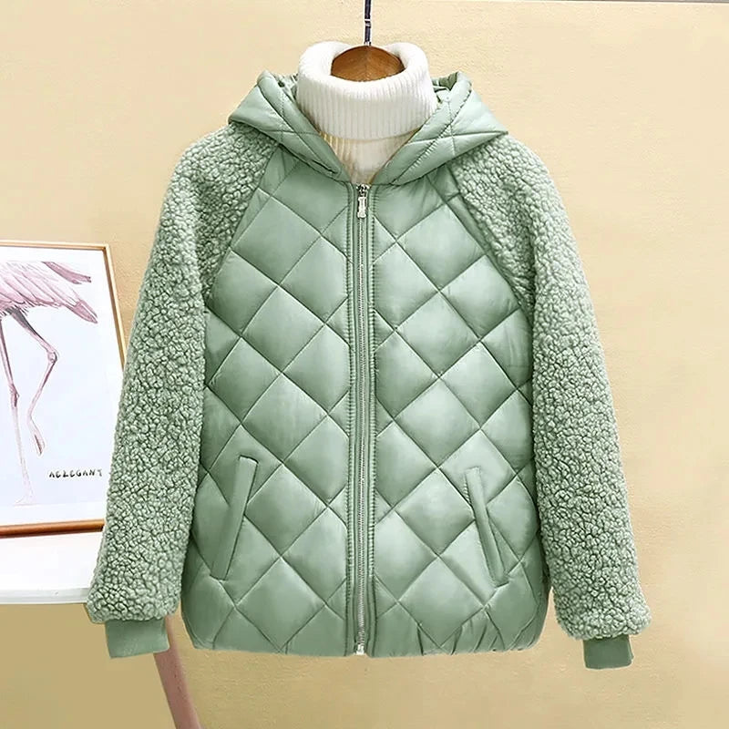 Thin Light Down Cotton Jacket for Women | Hooded Loose-fit Short Coat, Autumn/Winter - light green, 4XL image