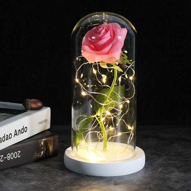 6-Colour "Beauty And The Beast" Red Rose In A Glass Dome On A Wooden Base For Valentine's Gifts - white base pink image