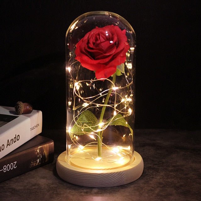 6-Colour "Beauty And The Beast" Red Rose In A Glass Dome On A Wooden Base For Valentine's Gifts - wood base image