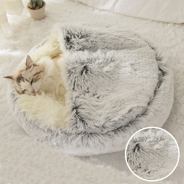 Winter Long Plush Pet Cat Bed Round Cat Cushion Cat House 2 In 1 Warm Cat Basket Cat Sleep Bag Cat Nest Kennel For Small Dog Cat - Gray Long Plush, 60x60cm image