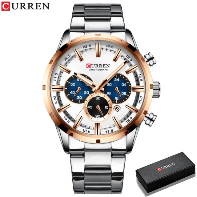 Mens Classy Watch Blue Dial Stainless Steel Band Date Mens Business Male Watches Waterproof Luxuries Men Wrist Watches for Men - Silver white box image
