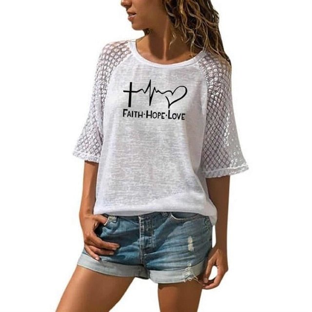 New "Faith, Hope and Love" Letters Print T-Shirt For Women - White, XXXL image