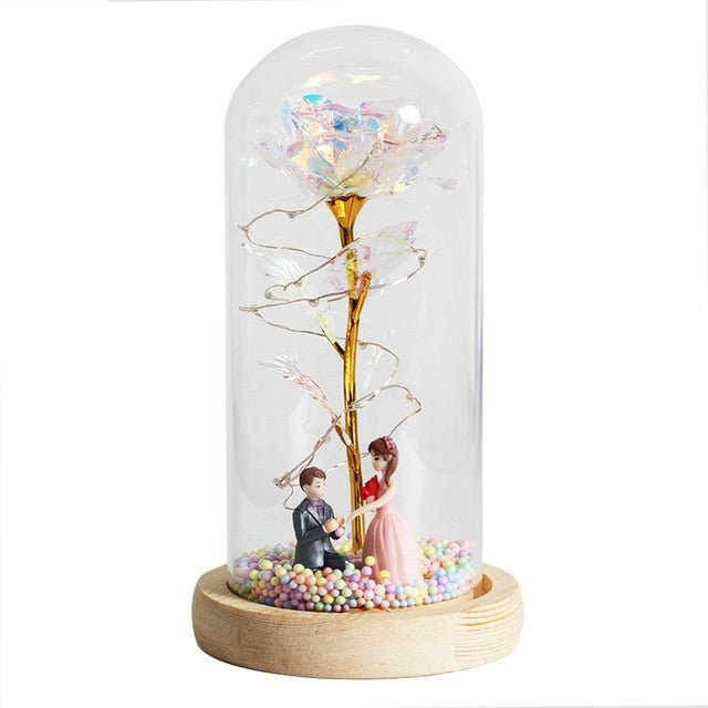 6-Colour "Beauty And The Beast" Red Rose In A Glass Dome On A Wooden Base For Valentine's Gifts - B01 image