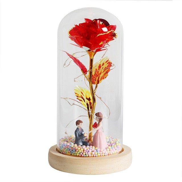 6-Colour "Beauty And The Beast" Red Rose In A Glass Dome On A Wooden Base For Valentine's Gifts - B03 image