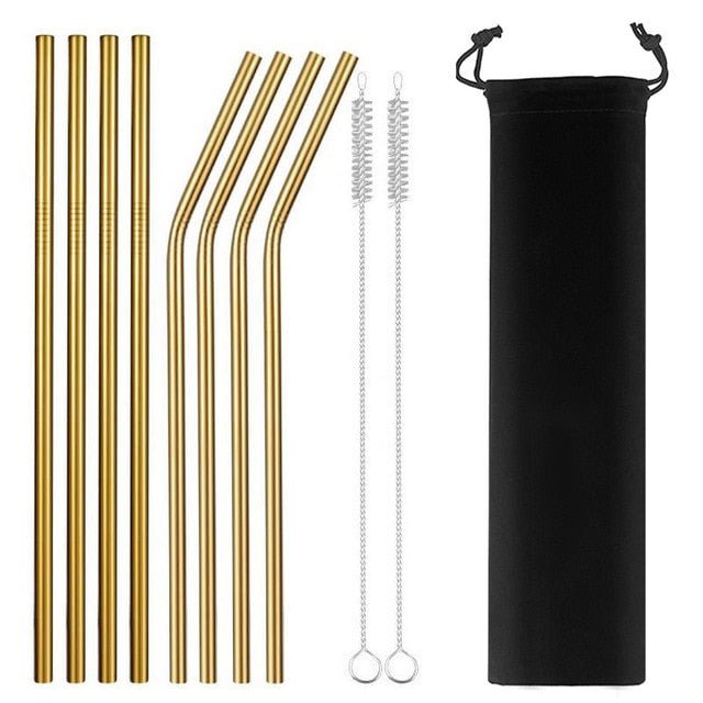 Colorful Reusable Stainless Steel Drinking Straw With Cleaning Brush - Gold2 8pcs image