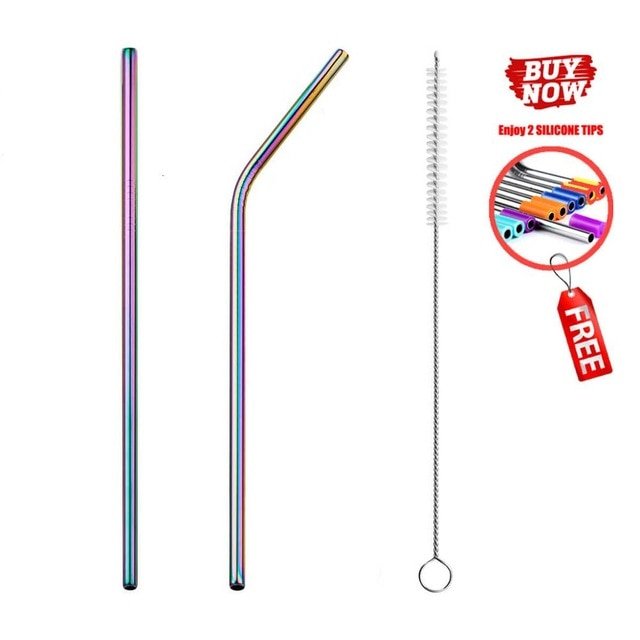 Colorful Reusable Stainless Steel Drinking Straw With Cleaning Brush - Rainbow 2pcs image