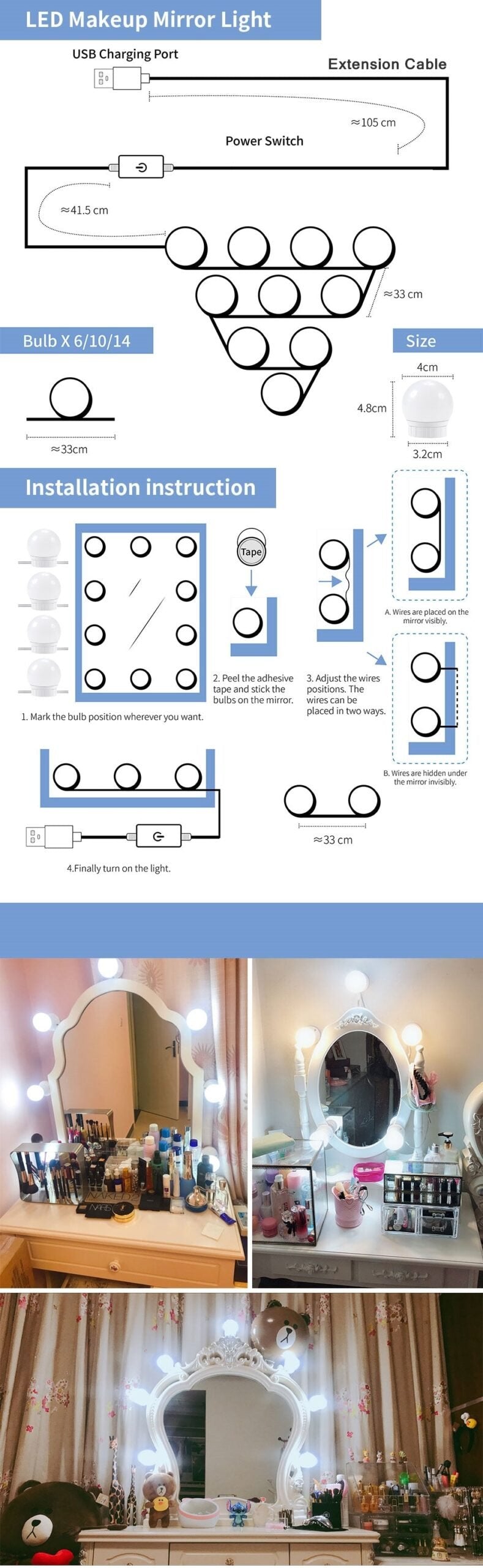 LED Makeup Mirror Light Bulb | Stepless Dimmable Wall Lamp Kit for Dressing Table image 6