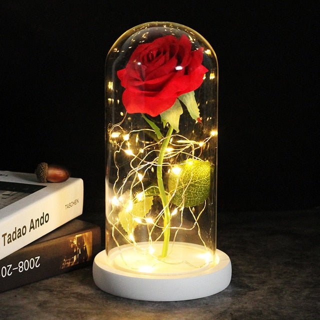 6-Colour "Beauty And The Beast" Red Rose In A Glass Dome On A Wooden Base For Valentine's Gifts - white base red 2 image