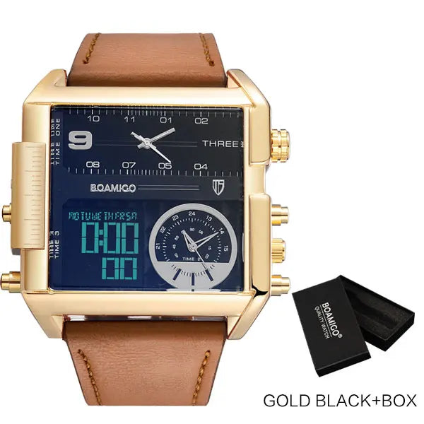 BOAMIGO brand Men sports watches 3 time zone LED Leather quartz wristwatches - new gold black box image