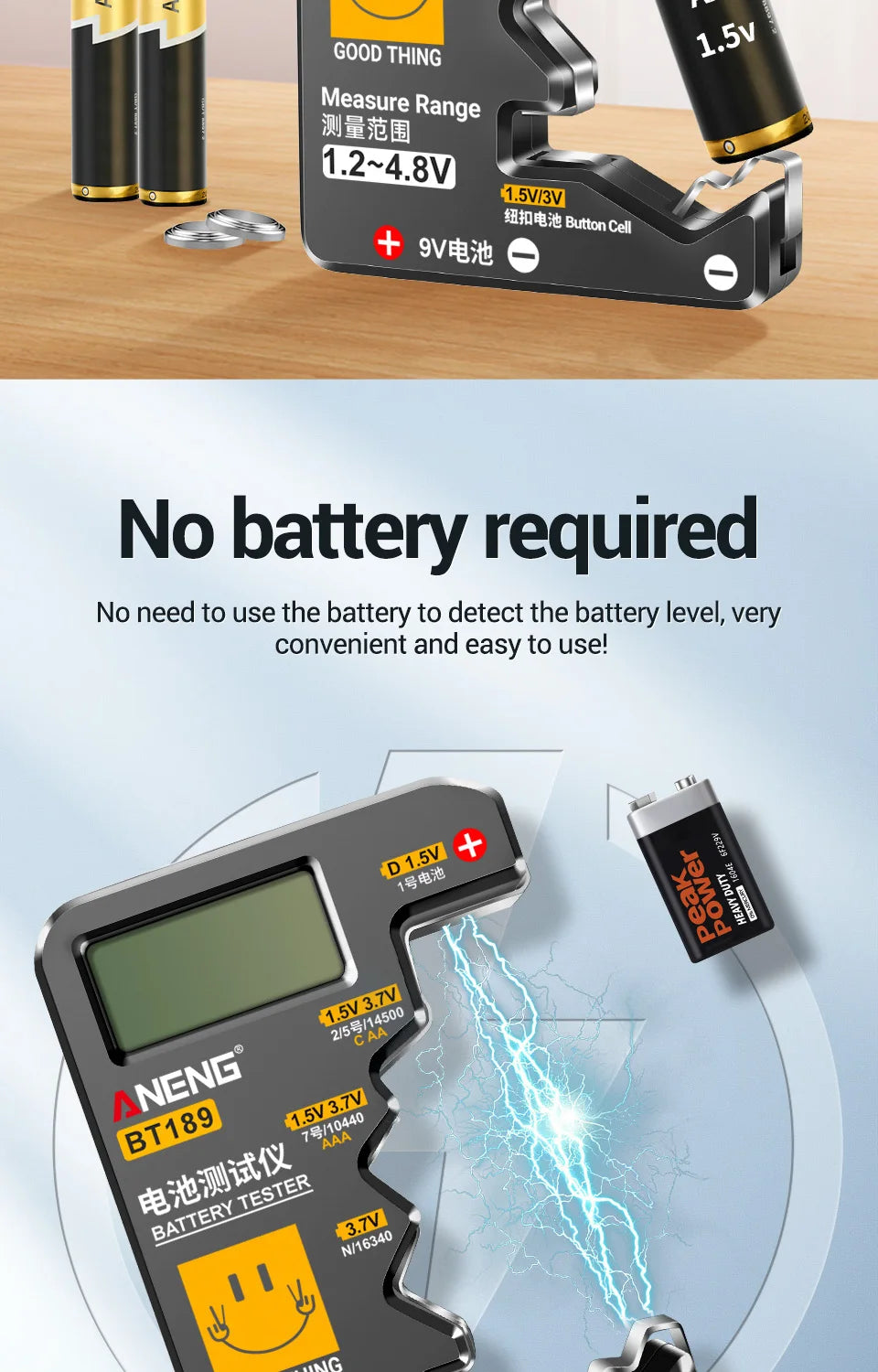 ANENG BT189 Button Cell Battery Tester ‚Äì Universal LCD Display for 9V, AA, AAA, N, D Batteries & Power Bank Detectors image 10