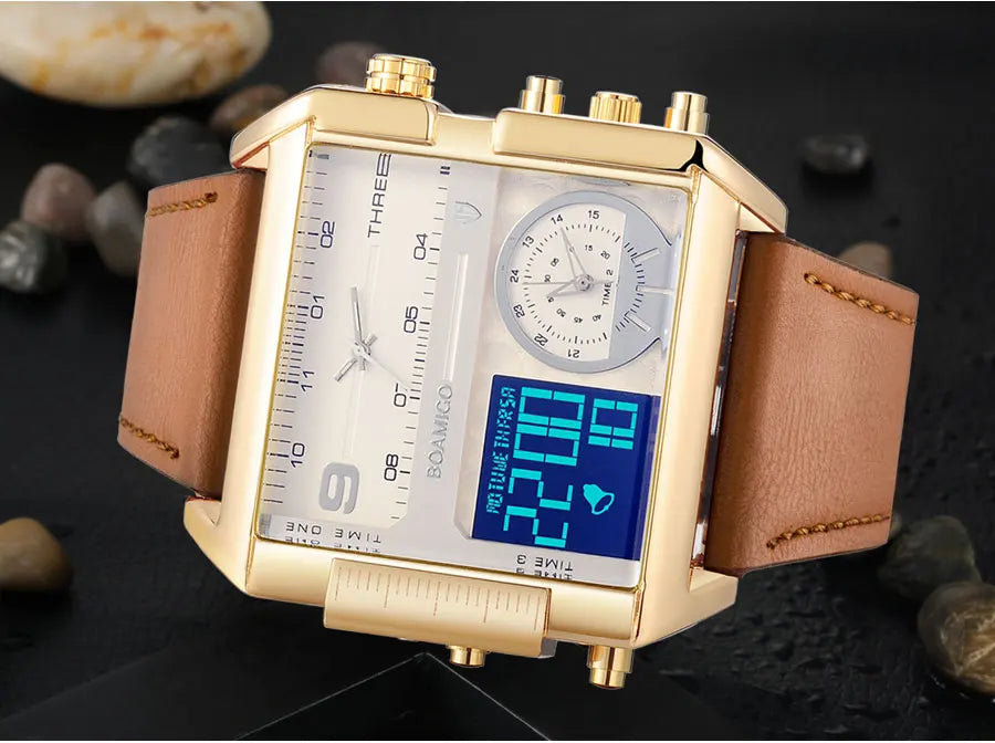 BOAMIGO brand Men sports watches 3 time zone LED Leather quartz wristwatches image 32