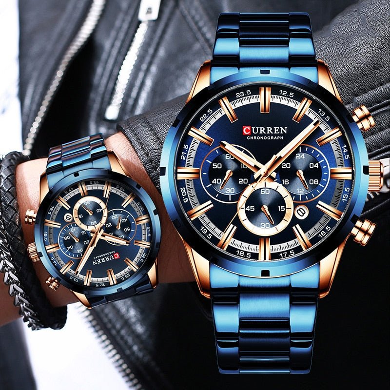 Mens Classy Watch Blue Dial Stainless Steel Band Date Mens Business Male Watches Waterproof Luxuries Men Wrist Watches for Men image 0