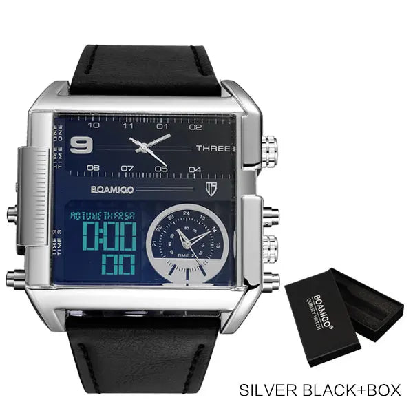 BOAMIGO brand Men sports watches 3 time zone LED Leather quartz wristwatches image 11