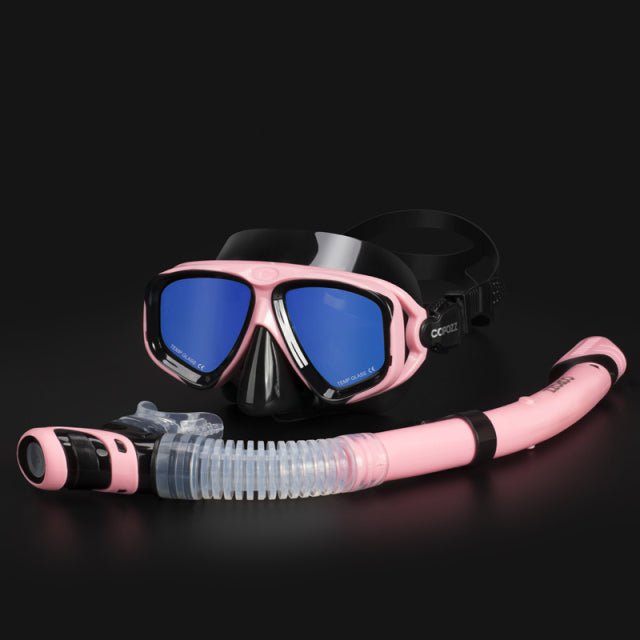 COPOZZ Scuba Diving Mask Set Anti Fog Goggles with Snorkel Glasses Tube Adjustable Strap for Women Men Adult Swimming Mask - Mirror Pink Frame image