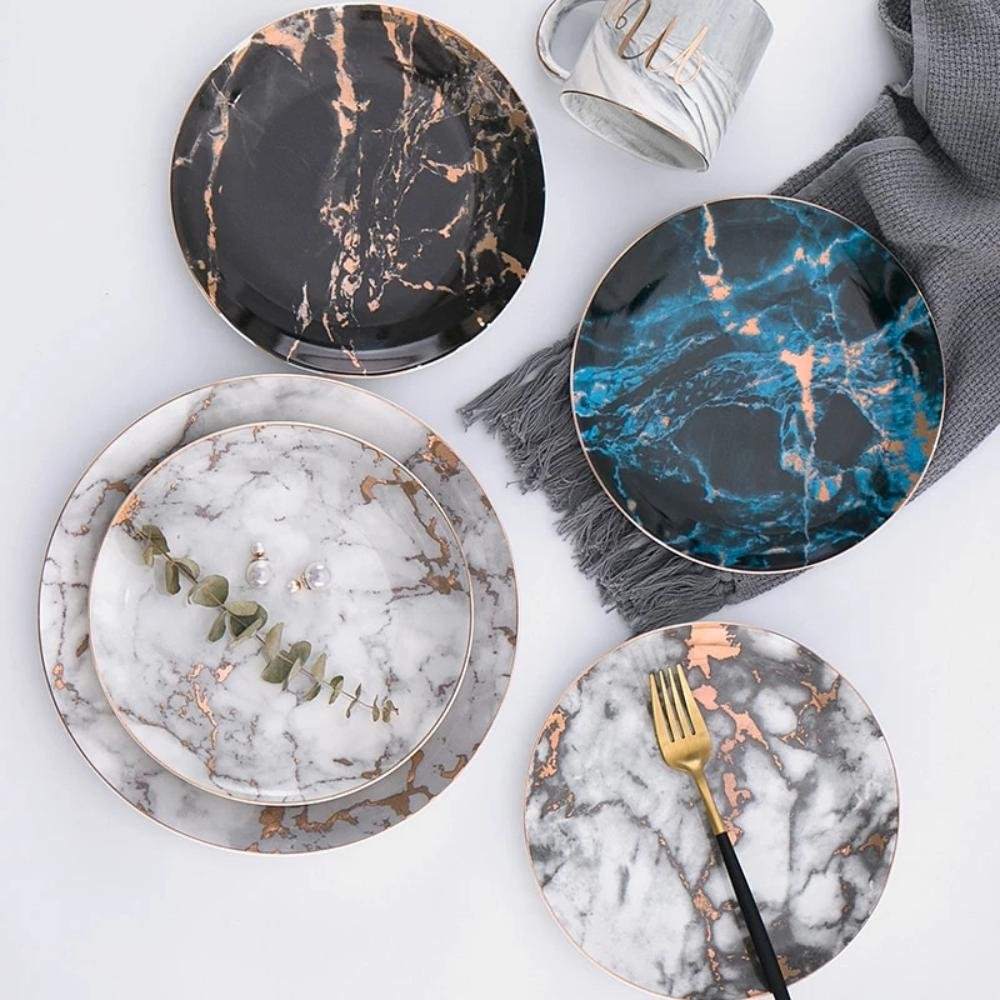 1Pc European Style Marble Gold Inlay Porcelain Plate image 0