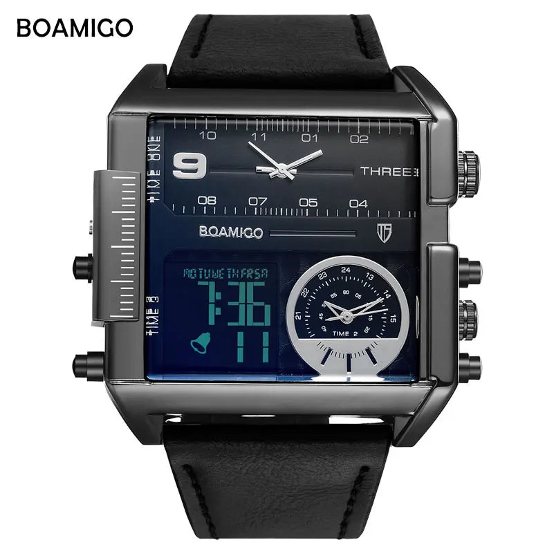 BOAMIGO brand Men sports watches 3 time zone LED Leather quartz wristwatches image 6