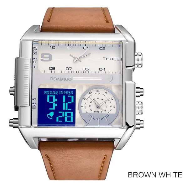 BOAMIGO brand Men sports watches 3 time zone LED Leather quartz wristwatches image 10