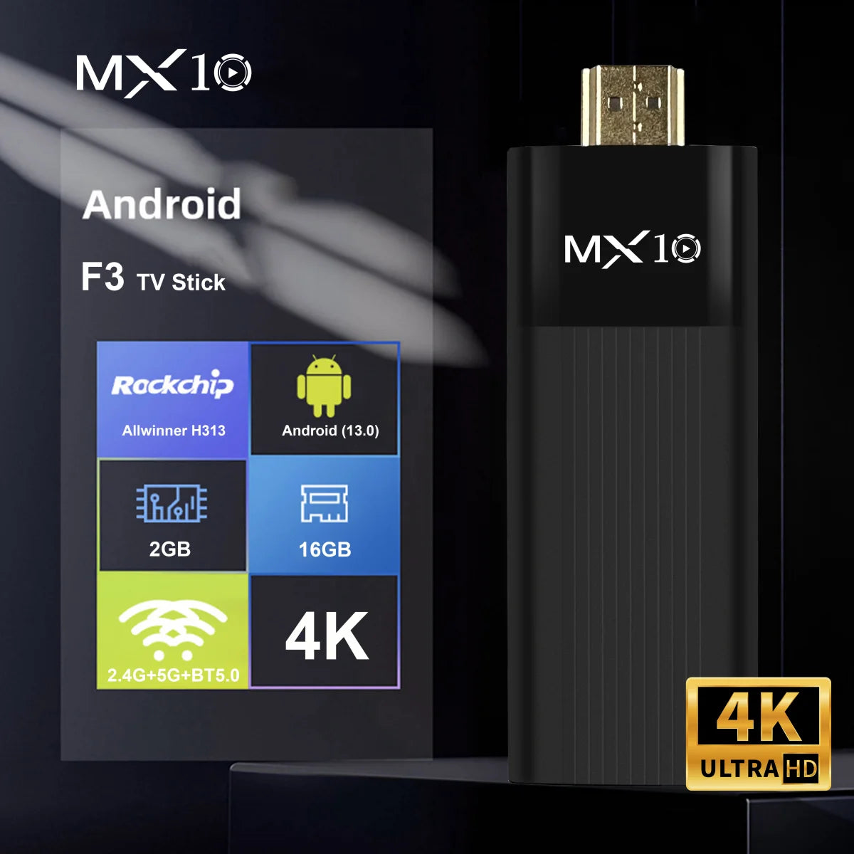 MX10-F3 4K TV Stick ‚Äì Android 11, Dual-Band Wi-Fi, 2GB RAM, 16GB Storage, Ultra HD Streaming image 2