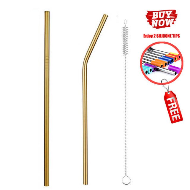 Colorful Reusable Stainless Steel Drinking Straw With Cleaning Brush - Gold 2pcs image