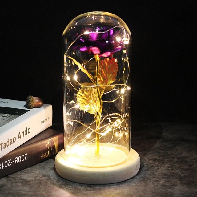 6-Colour "Beauty And The Beast" Red Rose In A Glass Dome On A Wooden Base For Valentine's Gifts - purple image