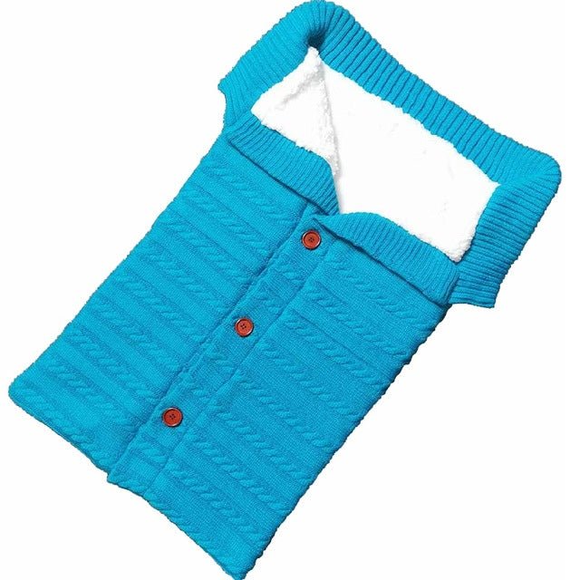 Newborn Baby Winter Warm Sleeping Bag ‚Äì Infant Button Knit Swaddle Wrap & Toddler Blanket Stroller Wrap - Blue image