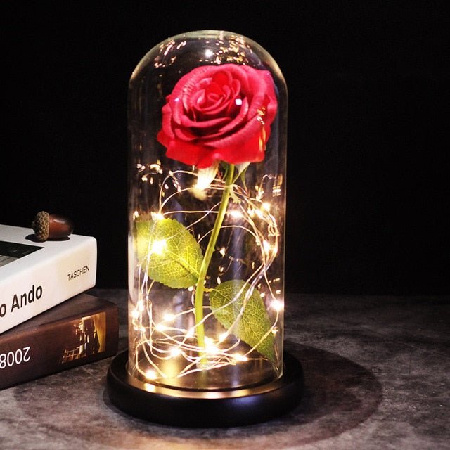 6-Colour "Beauty And The Beast" Red Rose In A Glass Dome On A Wooden Base For Valentine's Gifts - black base image
