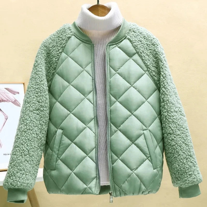 Thin Light Down Cotton Jacket for Women | Hooded Loose-fit Short Coat, Autumn/Winter - crew neck green, M image